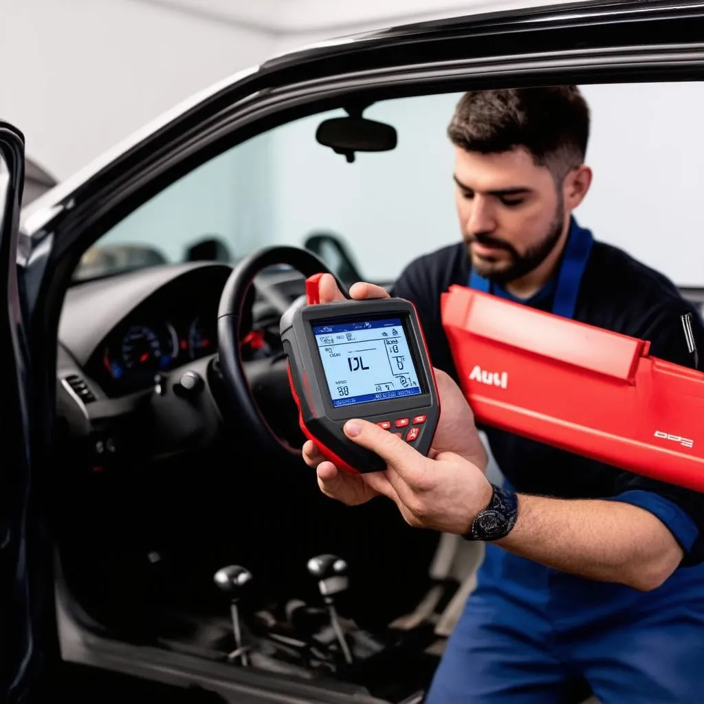 Mechanic using Autel DS808