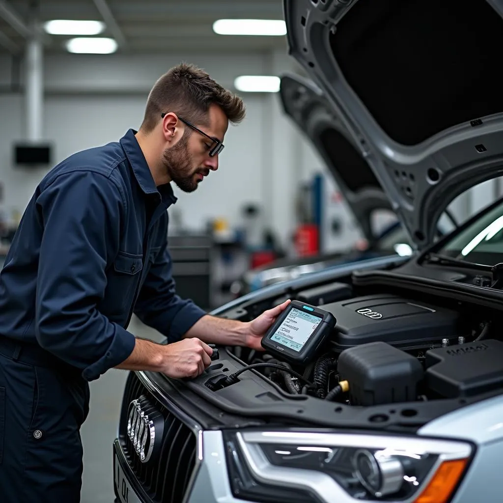 Mechanic using enterprise scan tool on Audi engine