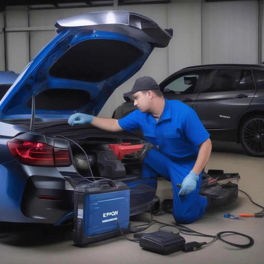 Mechanic using the Epson Scan Tool Light 1.0 in a workshop setting