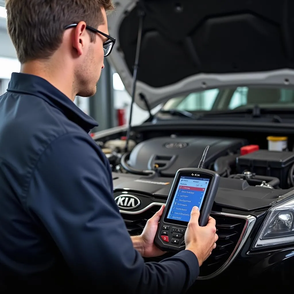 Mechanic using Equus 3120 to diagnose a Kia engine