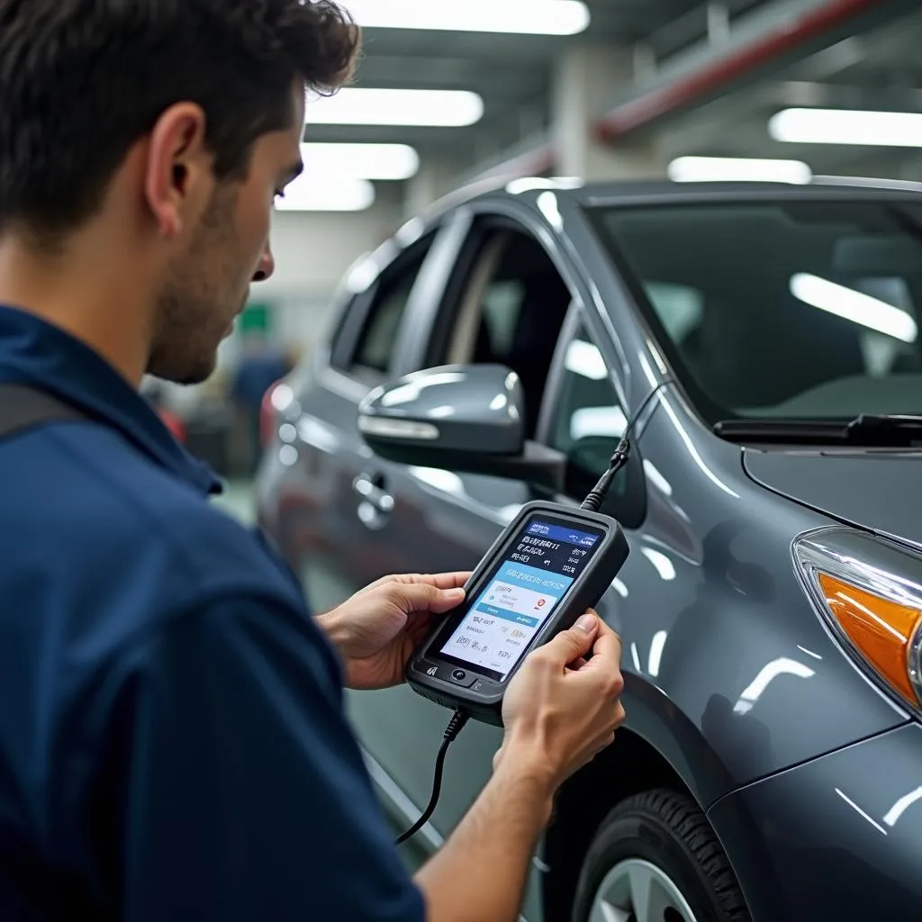 Mechanic diagnosing Toyota Prius using factory scan tool