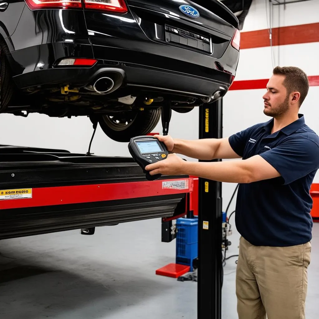 Mechanic Using a Ford Scan Tool in a Garage