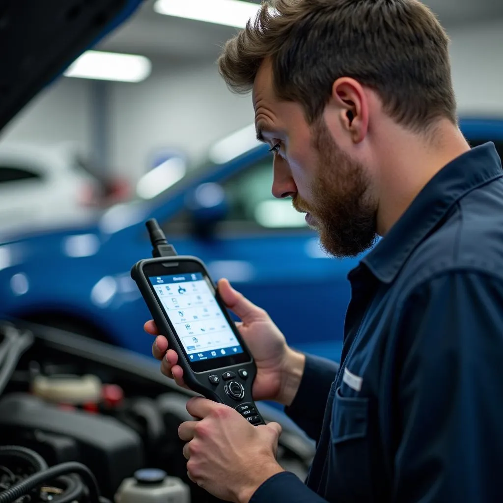 Mechanic diagnosing a Ford car with a scanning tool