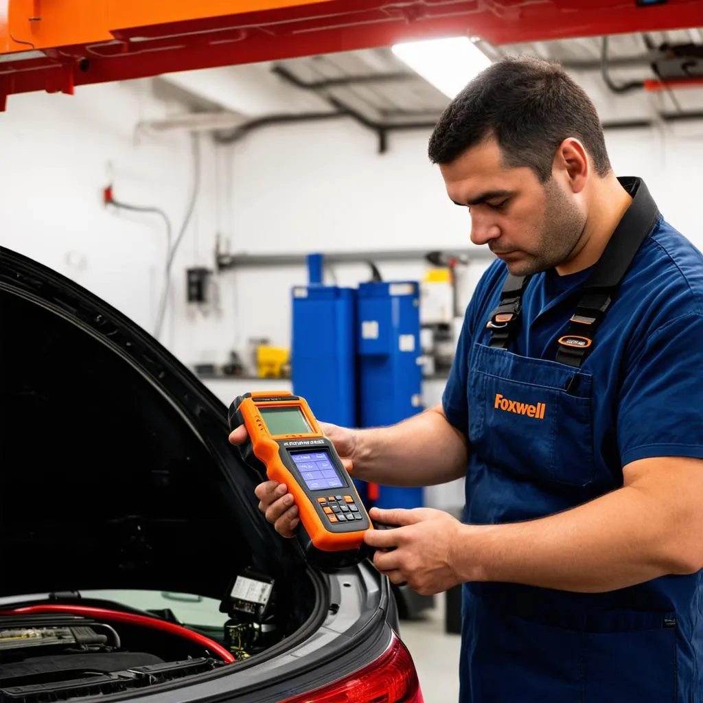 Mechanic using Foxwell NT530 to diagnose car trouble