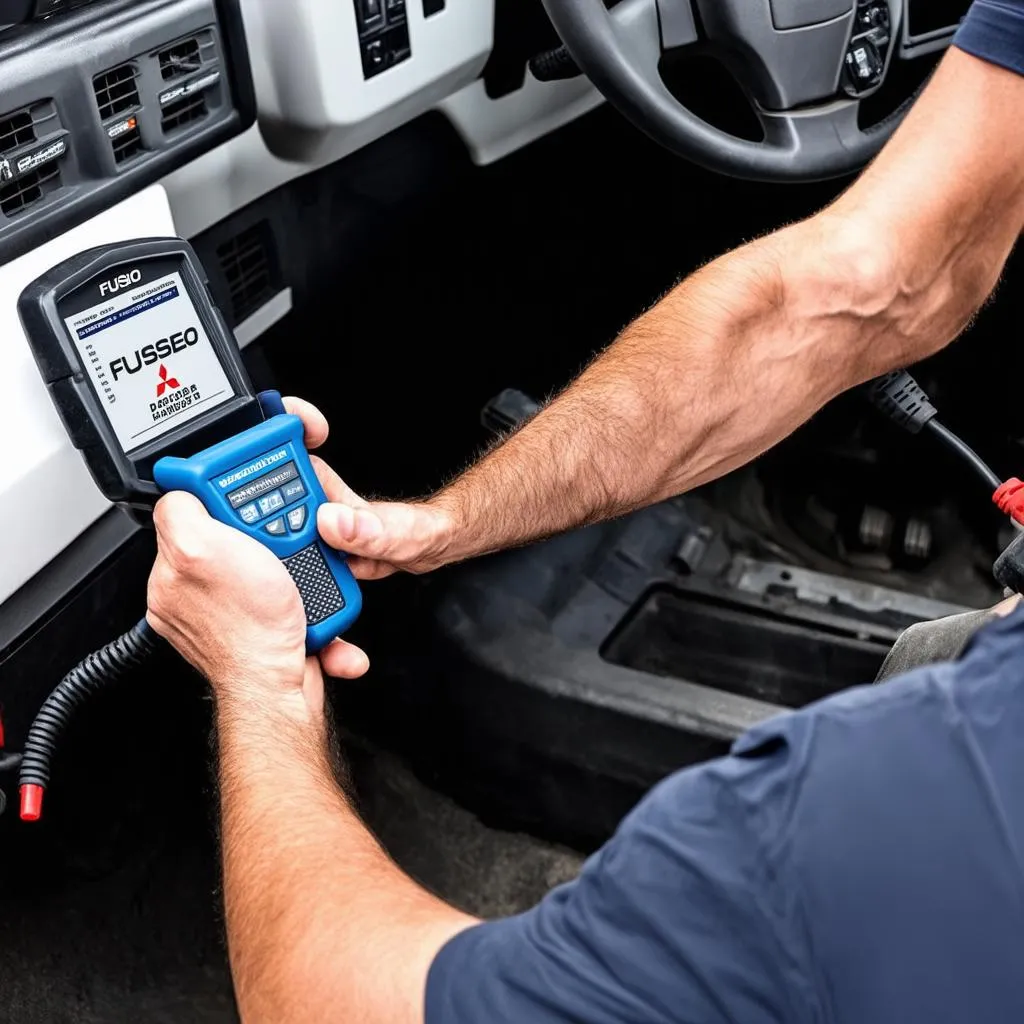 Mechanic using Fuso scan tool