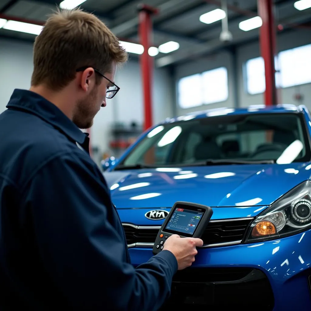 Mechanic using a GDS scan tool on a Kia Rio in a brightly lit garage