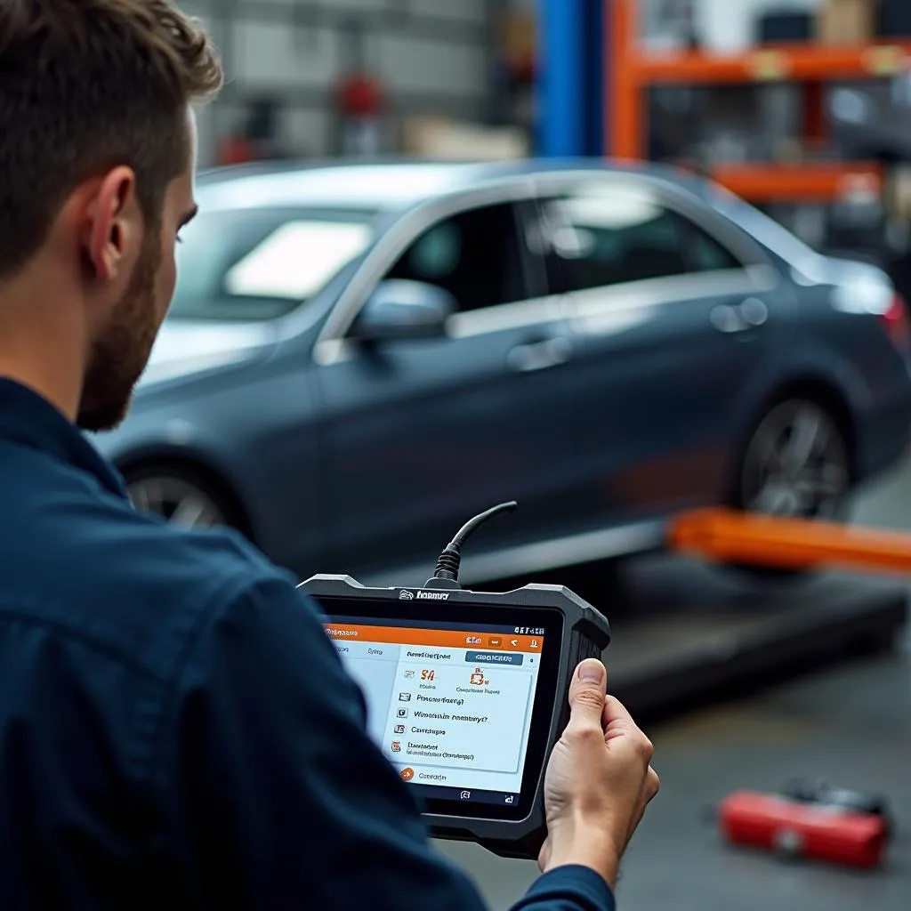 Mechanic using the Genisys scan tool in a Mercedes-Benz workshop