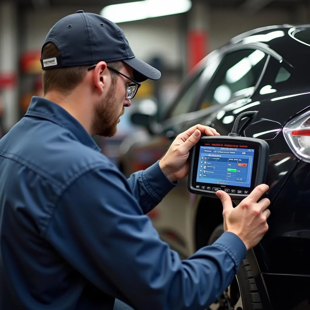 Mechanic Diagnosing Car's ABS System with Harbor Freight Scan Tool