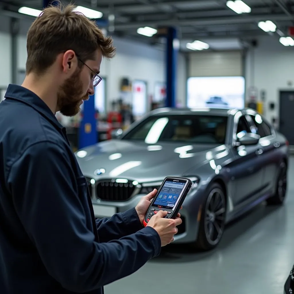 Mechanic diagnosing a BMW with a HIK scan tool in a professional auto repair shop