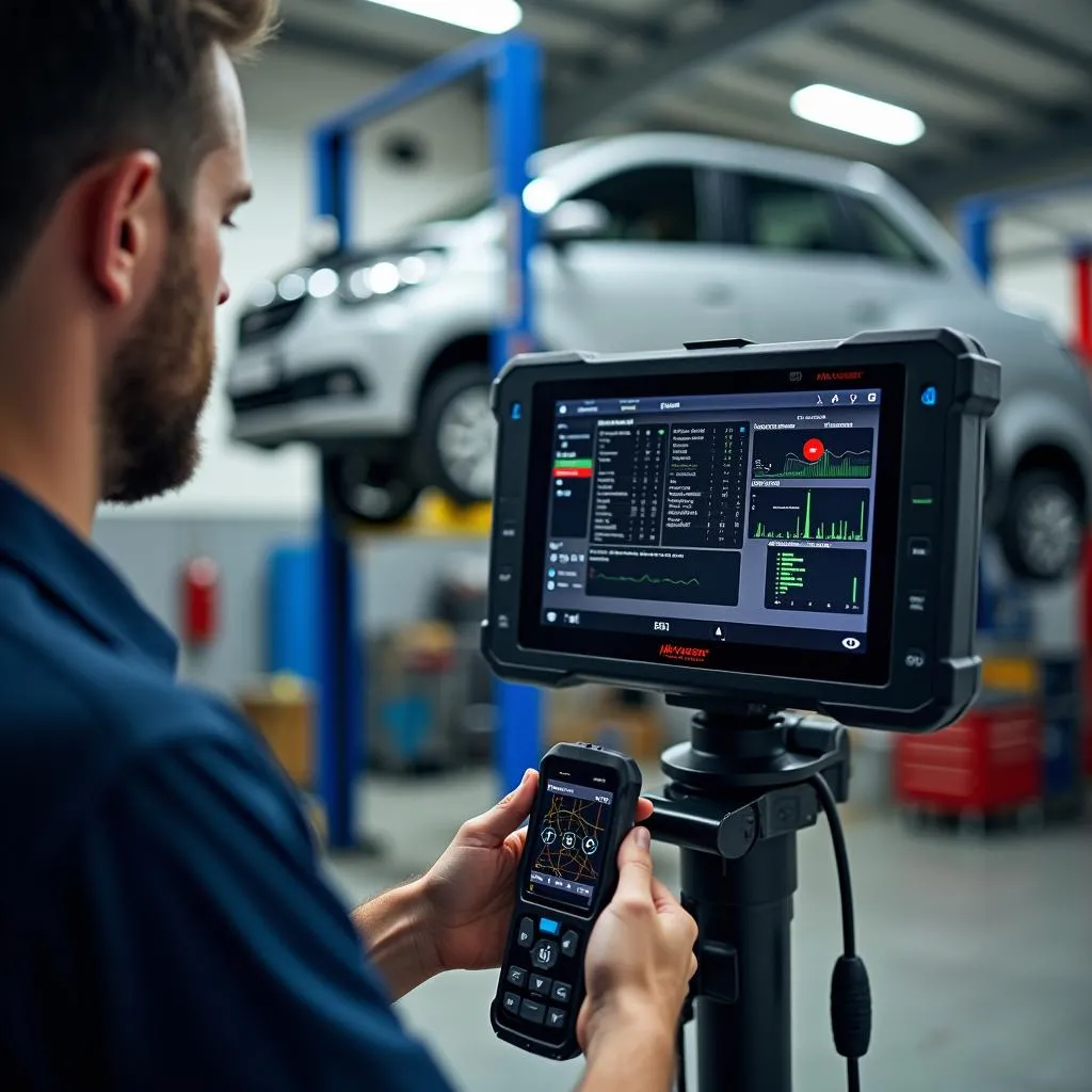 Mechanic using a Hikvision scan tool to diagnose a car in a professional workshop.