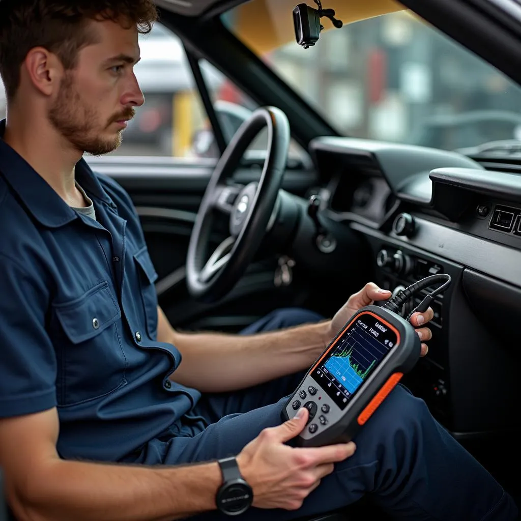 Mechanic using Innova scan tool plugged into a car's OBD2 port