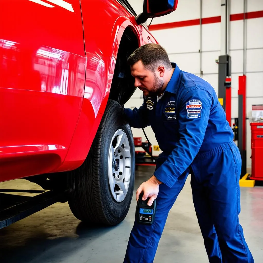 Mechanic using an Innova OBD2 scan tool in a car repair shop