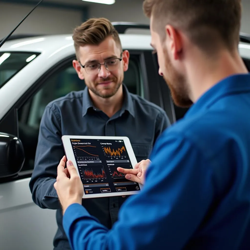 Mechanic explaining car diagnostics to a customer using an iPad scan tool