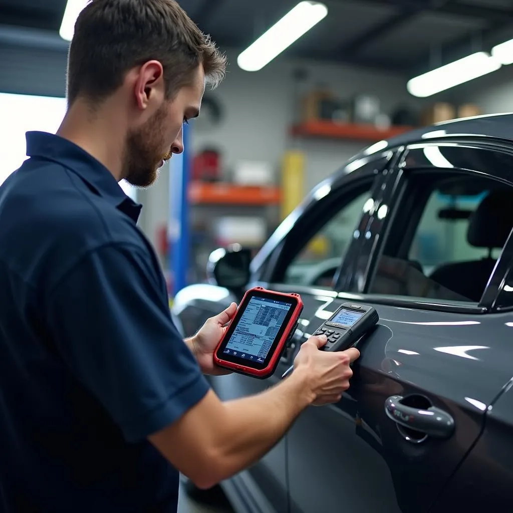 Mechanic Using IQ Scan Tool for Car Diagnostics in a Garage