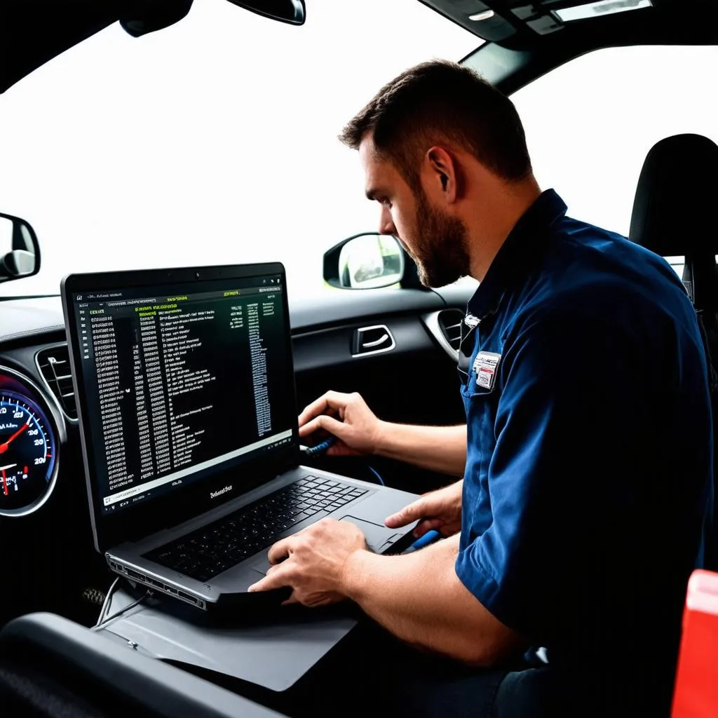 A mechanic is using a laptop to diagnose a car problem