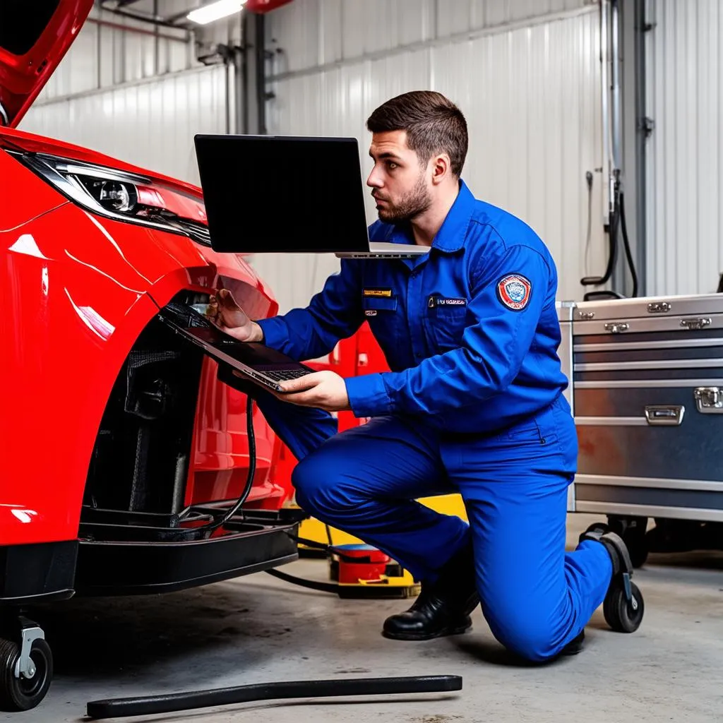 A mechanic uses a laptop to diagnose a car problem.