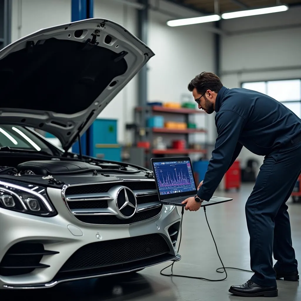 Mechanic using laptop to diagnose a car engine