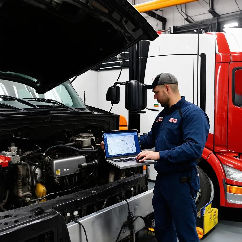 Mechanic using a laptop for heavy-duty truck diagnostics