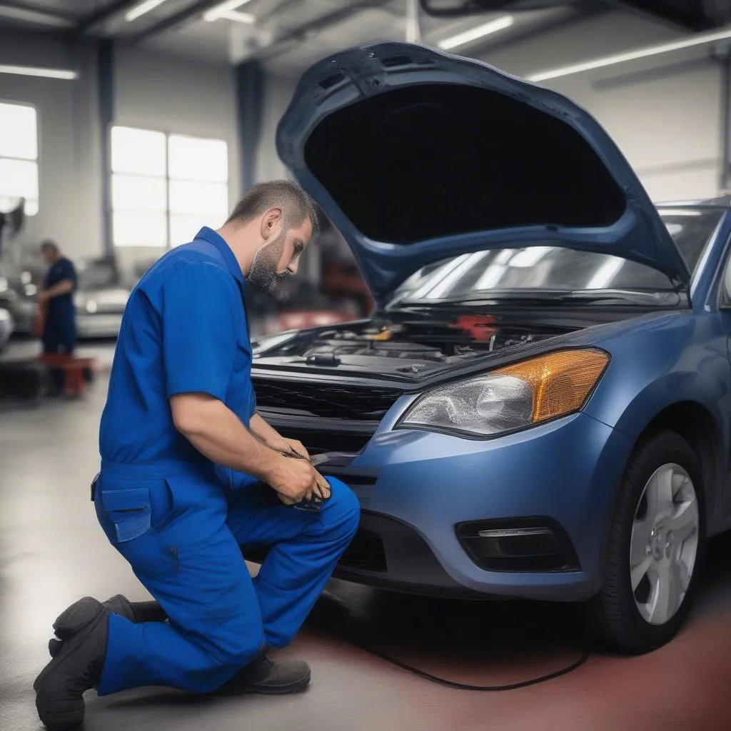 Mechanic using a laptop scan tool in a workshop