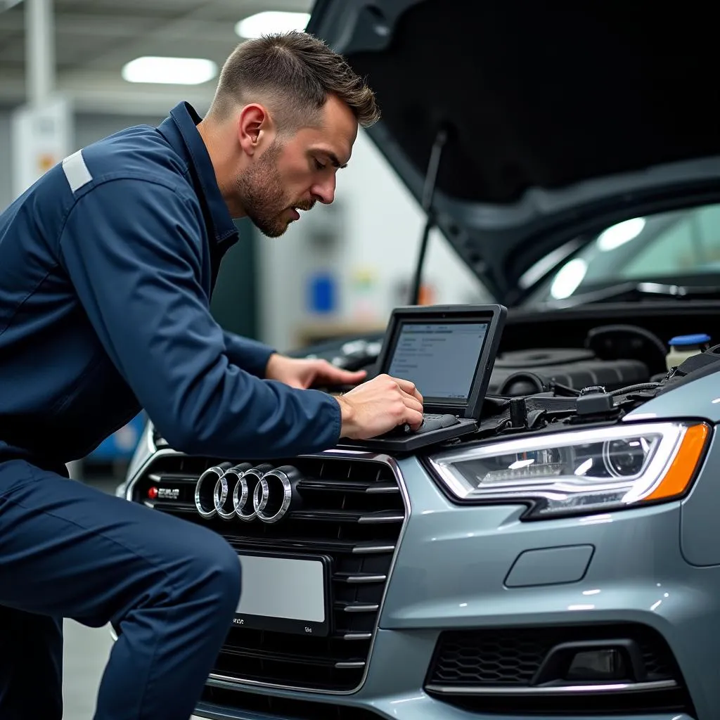 Mechanic using laptop scan tool OBD2 on Audi A4