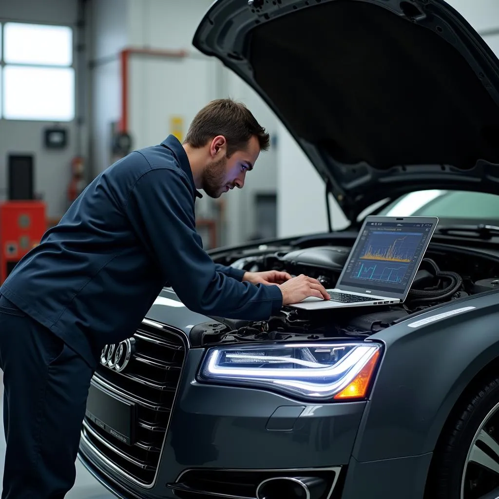 Mechanic Using Laptop Scan Tool on Audi A8