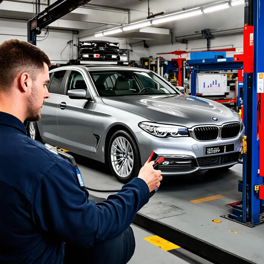 Mechanic Using Launch Scan Tool on a BMW