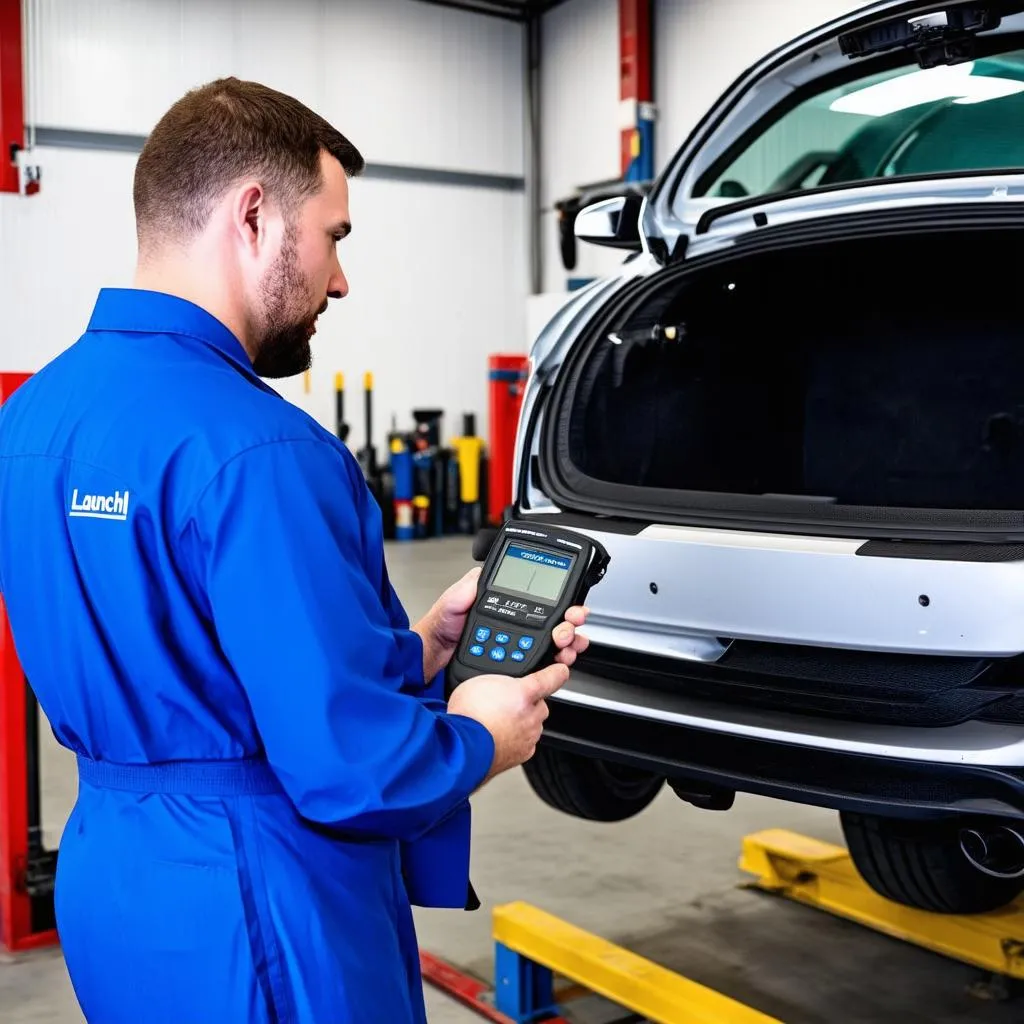 Mechanic using a Launch scan tool in a garage