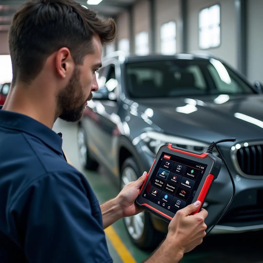 Mechanic using a launch scan tool on Android tablet