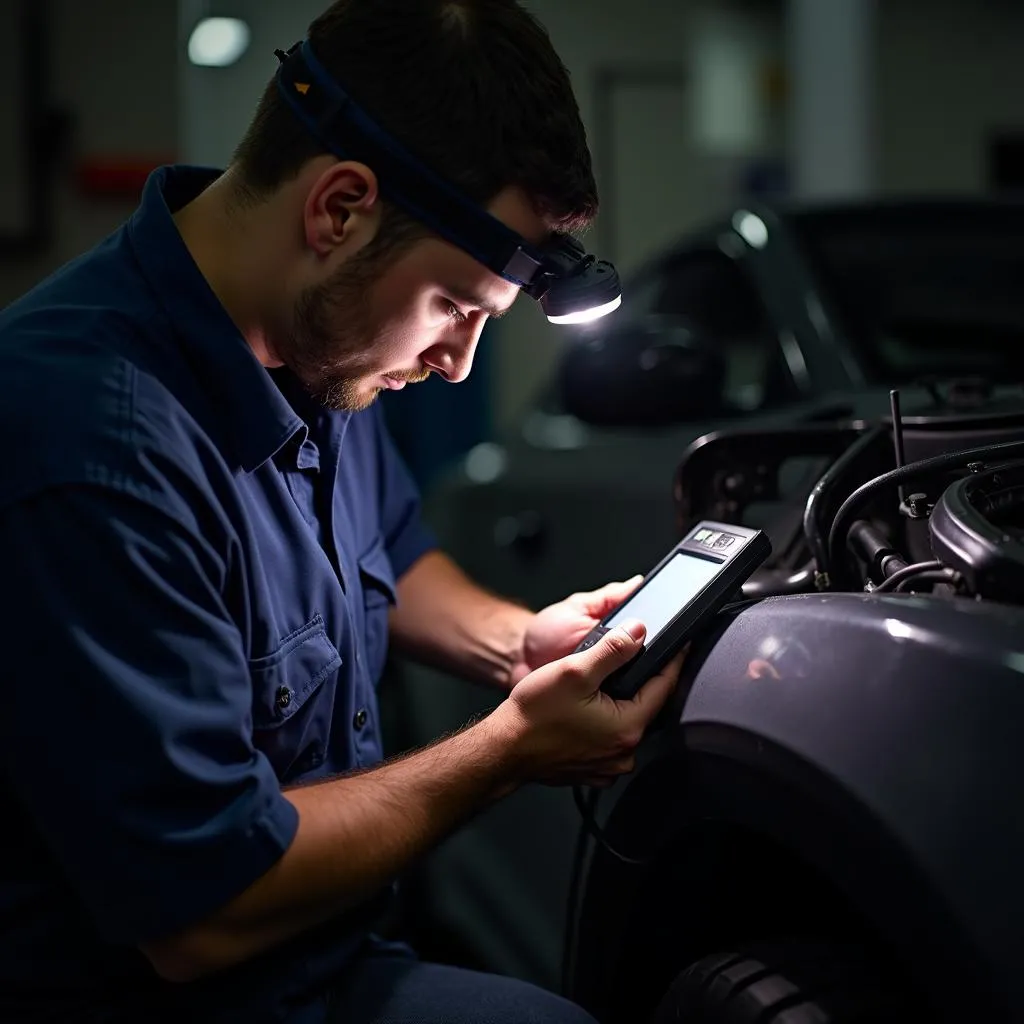 A mechanic connects a launch scan tool to a vehicle's OBD-II port