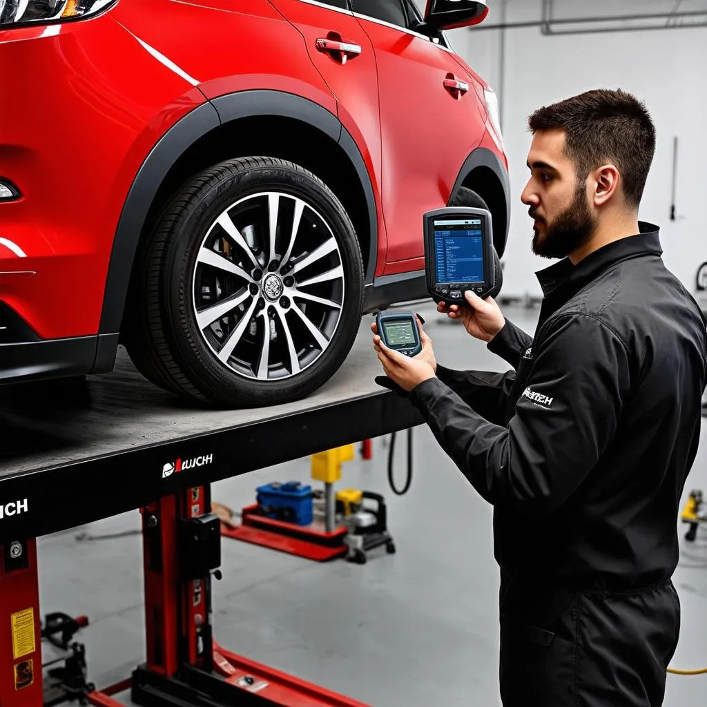 Mechanic Using Launch Scanner in Workshop