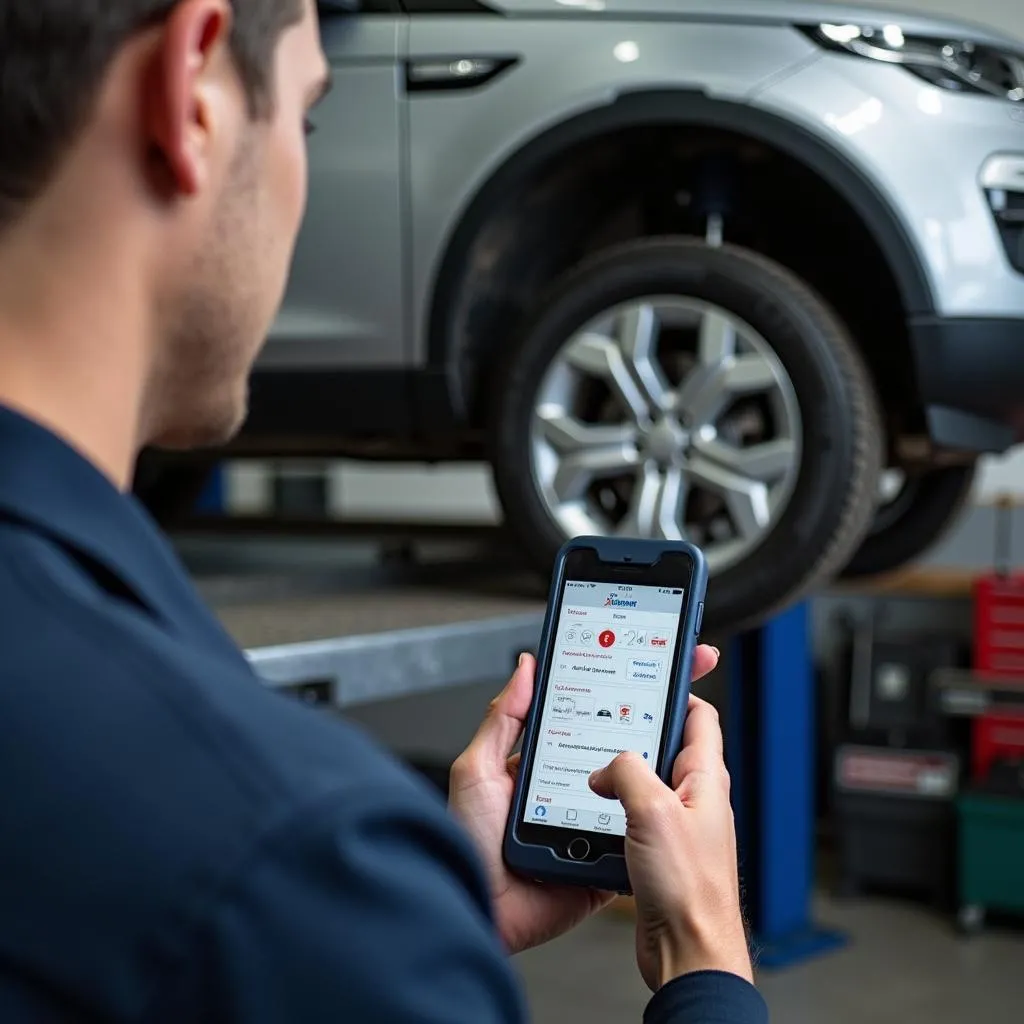 Mechanic Using Lemur BlueDriver to Diagnose Car Problem