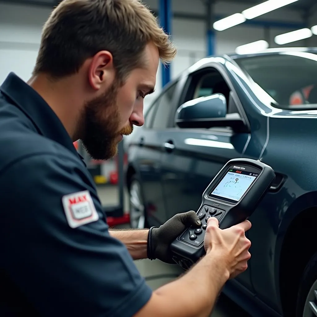 Mechanic using a man scan tool to diagnose a BMW