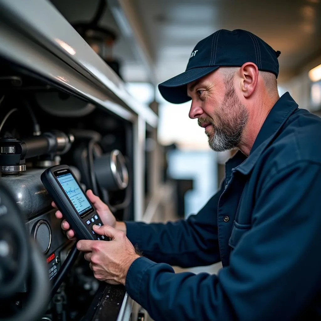 Mechanic using a marine scan tool to diagnose a boat engine