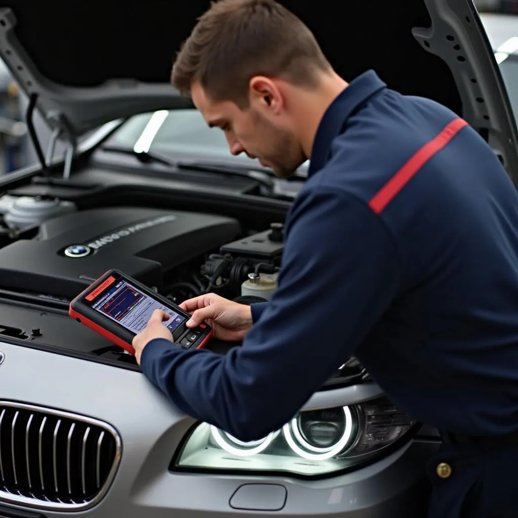 A mechanic uses a Matco Maximus scan tool to diagnose an engine problem on a BMW 5 Series.