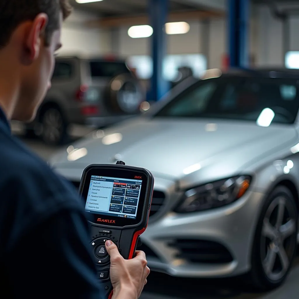 Mechanic diagnosing a Mercedes-Benz using the MaxFlex scan tool