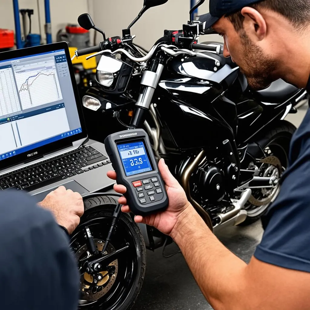 mechanic using motorcycle scan tool