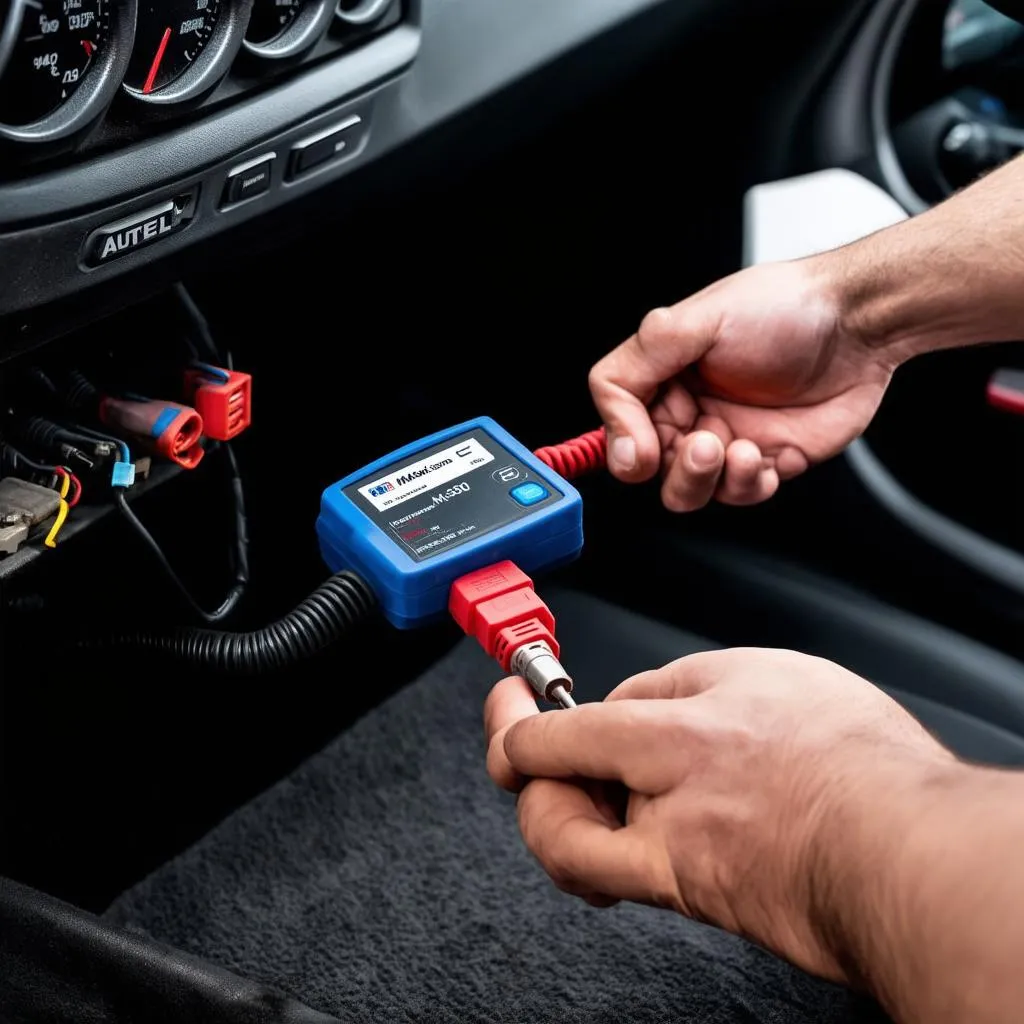 Mechanic plugging MS300 into car's OBD2 port