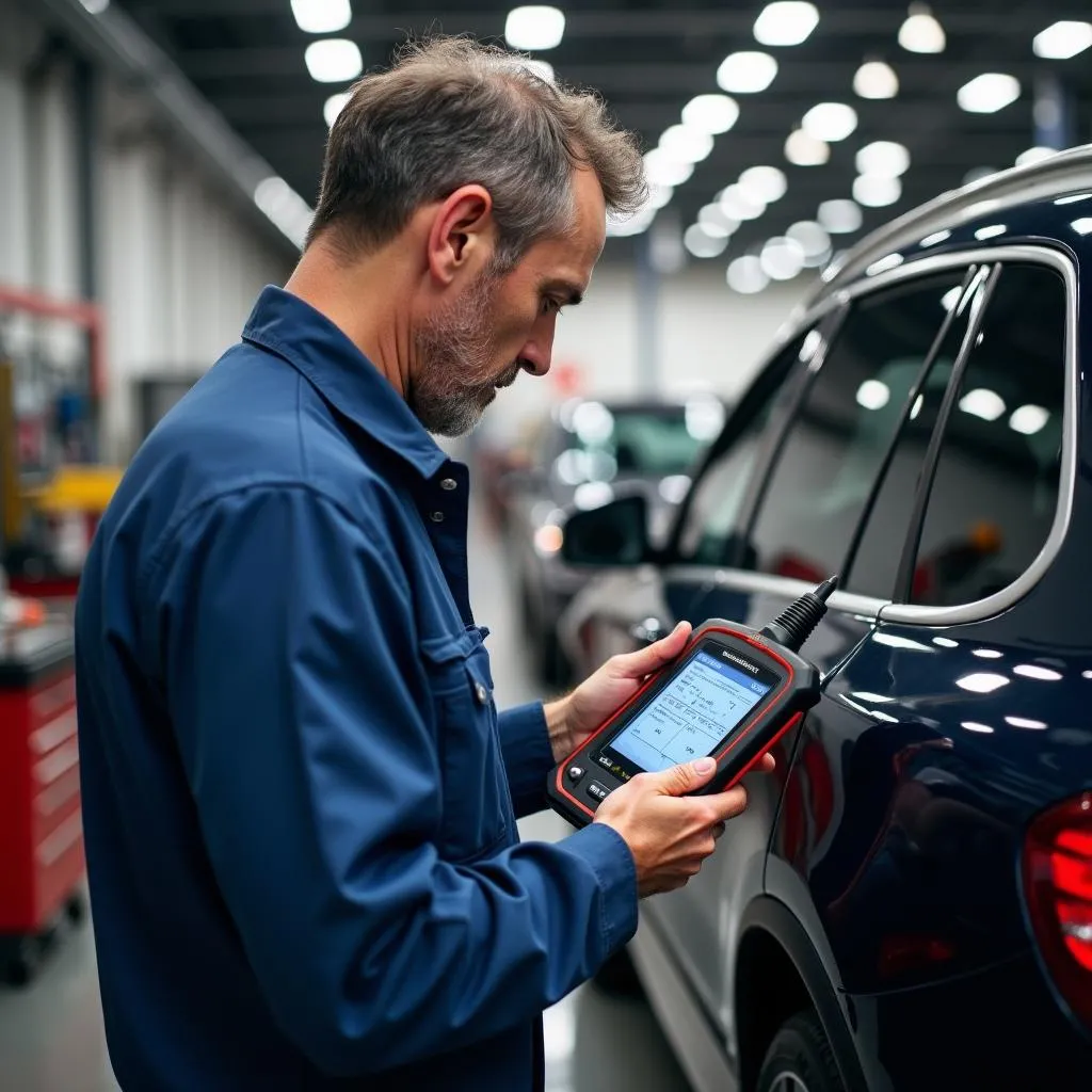 Mechanic using a new launch scan tool on a car in his shop