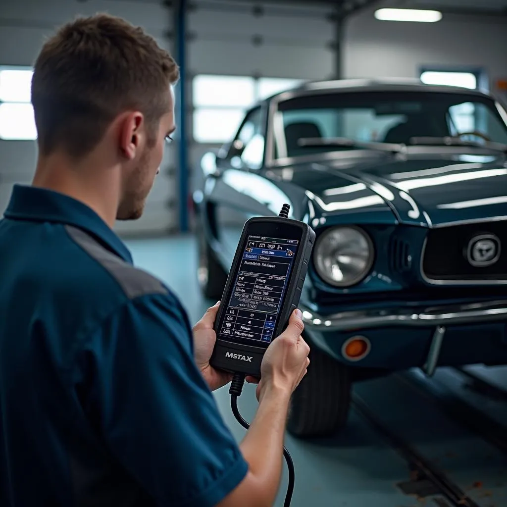 Mechanic Using NGS Scanner on Ford Mustang