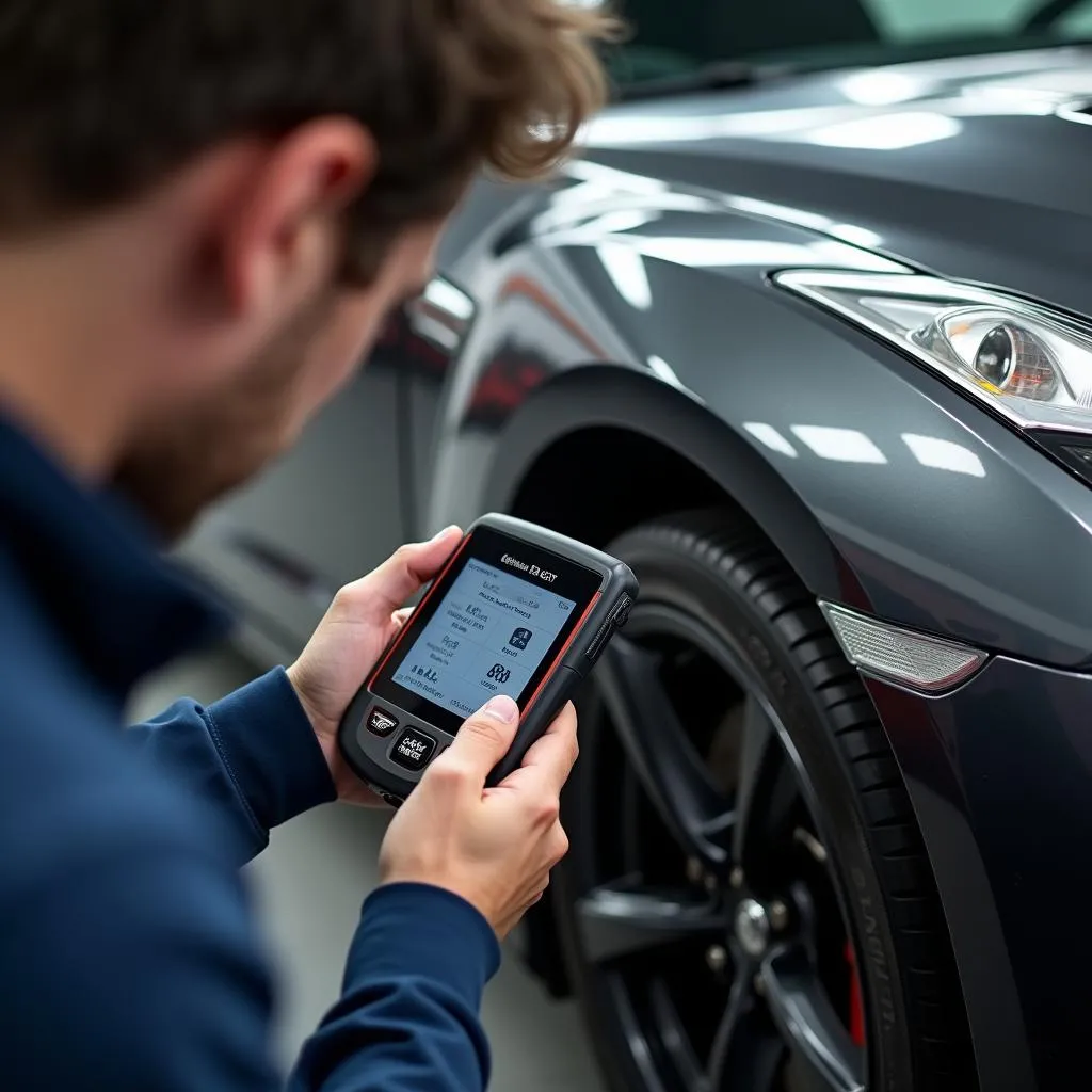 Mechanic Using Nissan Consult on Nissan GT-R