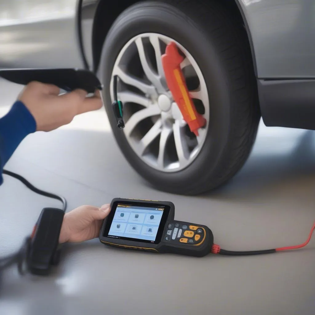 Mechanic using an OBD II & CAN Deluxe Scan Tool