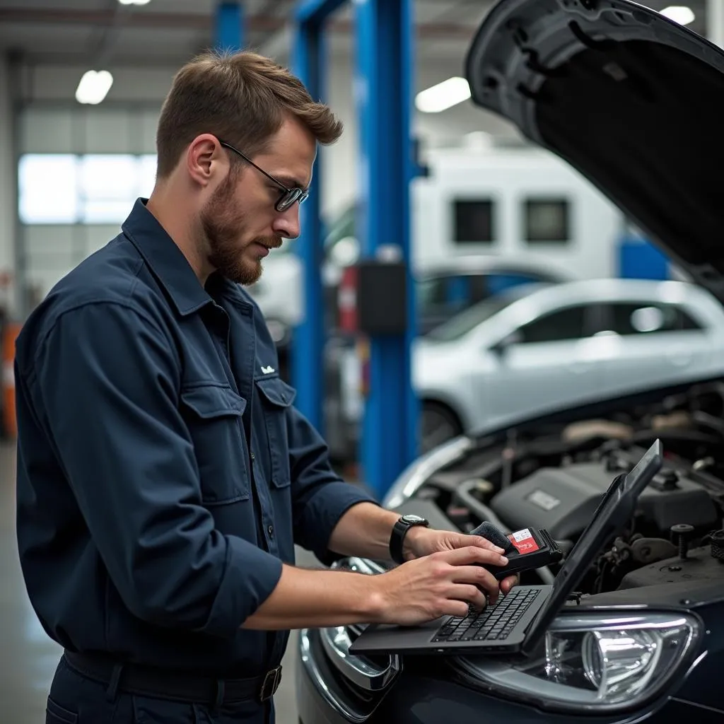 Mechanic Using OBD II Scanner on a Laptop