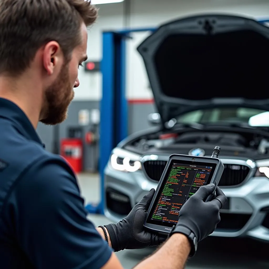 Mechanic Diagnosing a BMW using an OBD Scan Tool