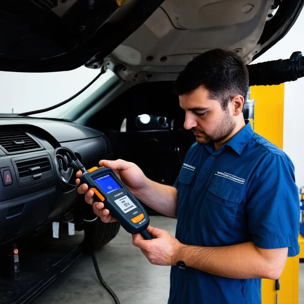 Mechanic Using OBD Scan Tool on European Car