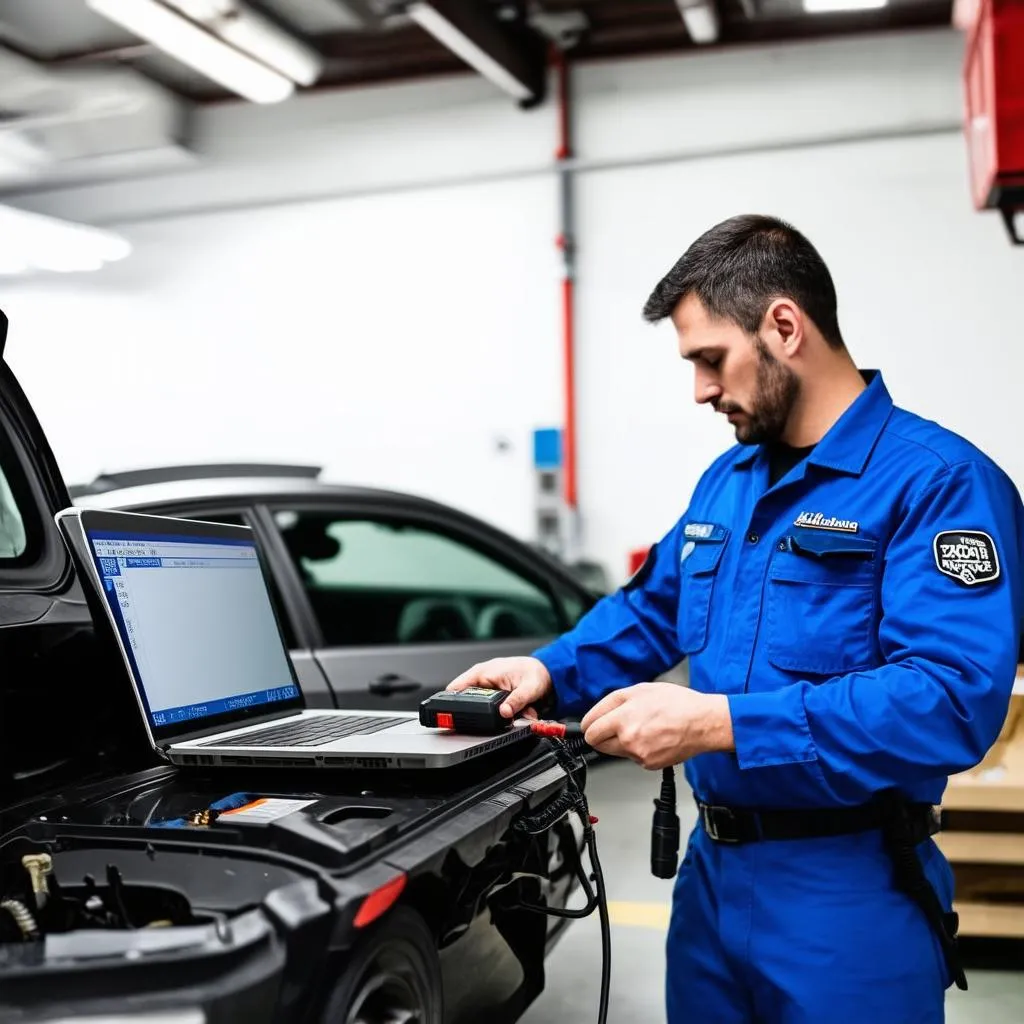 Mechanic Using OBD Scan Tool with Laptop