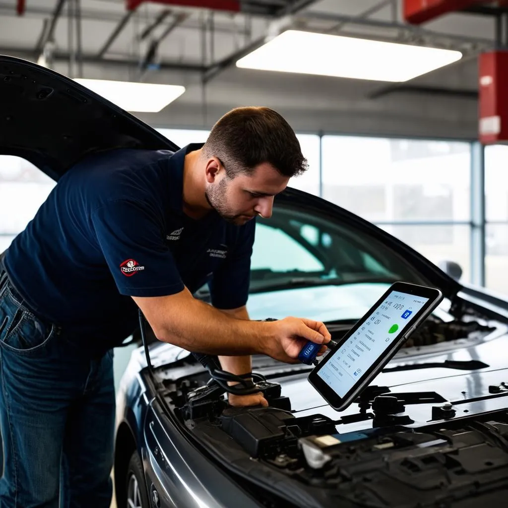 Mechanic using a Bluetooth OBDII scanner on a car