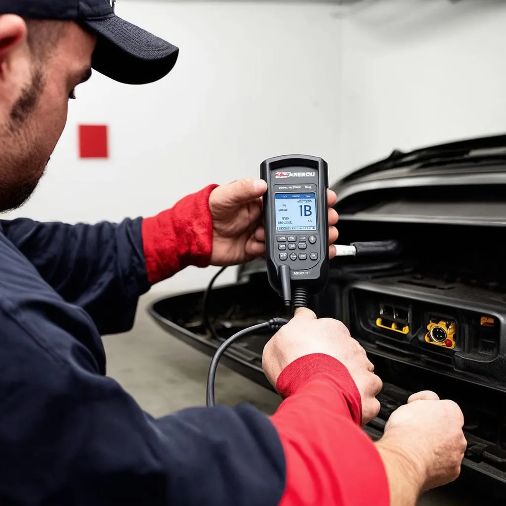 Mechanic plugging in an OBD-II scan tool to diagnose a car problem