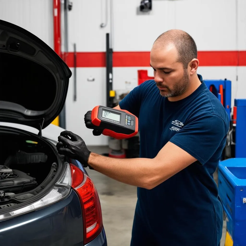 Mechanic using a professional OBD scanner to diagnose a car problem.