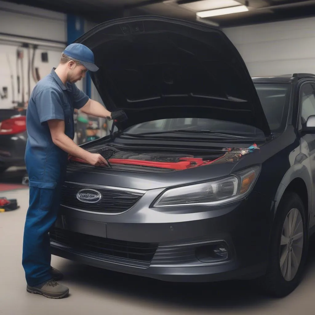 Mechanic using OBD Scanner on a car