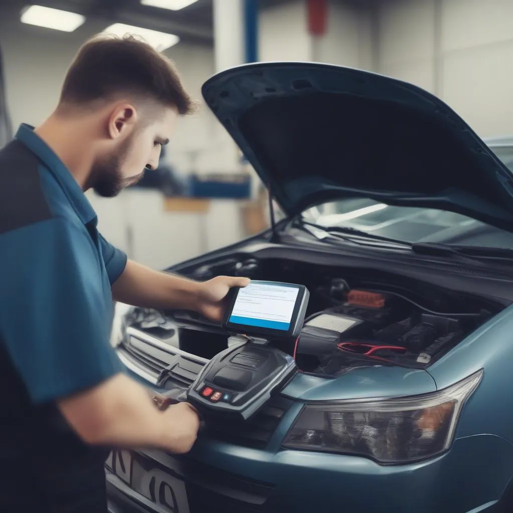 Mechanic using an OBD scanner